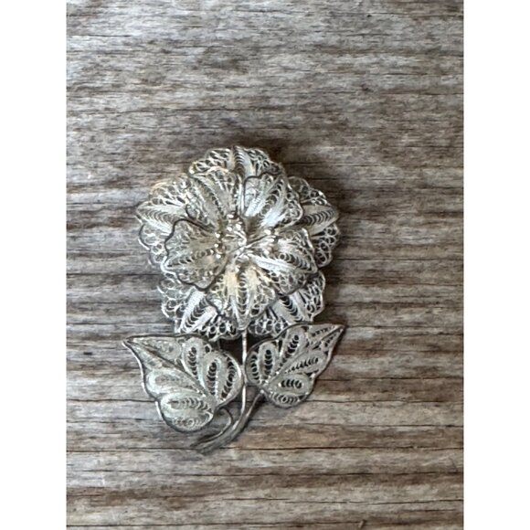 Vintage 925 Silver Filigree Flower Brooch Pin - Picture 1 of 6